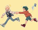  2boys aged_down all_might artist_name bakugou_katsuki black_shirt blonde_hair blush boku_no_hero_academia child closed_eyes commentary denim english_commentary freckles full_body green_hair habkart highres holding_hands hood hood_down hooded_jacket hoodie jacket jeans long_sleeves male_child male_focus midoriya_izuku multiple_boys open_clothes open_jacket open_mouth orange_hoodie pants red_footwear running shirt shoes short_hair shorts simple_background skull_print smile sneakers spiky_hair yellow_background 