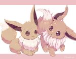  :3 animal_focus brown_eyes closed_mouth commentary_request eevee eye_contact highres ibusaki_(ivu) looking_at_another lying no_humans parted_lips pokemon pokemon_(creature) smile standing watermark 