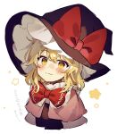  1girl blonde_hair bow bowtie capelet cropped_torso hat hat_bow highres jill_07km kirisame_marisa light_smile red_bow red_bowtie simple_background solo star_(symbol) touhou upper_body white_background witch_hat yellow_eyes 