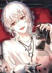  1boy black_nails buta_(kuzuha) chain_necklace cinema_(vocaloid) cup ear_piercing facing_viewer highres holding holding_cup jewelry kuzuha_(nijisanji) looking_to_the_side male_focus medium_hair nagi_(meow_milk) necklace nijisanji open_mouth piercing pointy_ears red_eyes short_sleeves smile solo virtual_youtuber white_hair 
