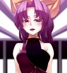  1girl adapted_costume bare_shoulders bow breasts commission covered_navel gold_trim hair_bow kikoka_(mizuumi) large_breasts long_hair looking_at_viewer parted_bangs parted_lips pixiv_commission purple_hair sideboob simple_background solo takena-c teeth thighs touhou very_long_hair violet_eyes watatsuki_no_yorihime yellow_bow 