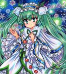  1girl blue_background blue_eyes blue_hairband capelet closed_mouth commentary_request dress flower frilled_capelet frilled_hairband frills fur_collar green_hair green_ribbon hair_flower hair_ornament hairband hatsune_miku lily_of_the_valley long_hair long_sleeves looking_at_viewer marker_(medium) ribbon rowan rui_(sugar3) sample_watermark smile snowflakes solo traditional_media twintails very_long_hair vocaloid white_capelet white_dress white_flower wide_sleeves yuki_miku yuki_miku_(2015) 