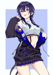  1girl absurdres black_hair black_jacket cowboy_shot crop_top crossed_bangs fur-trimmed_jacket fur_trim hair_between_eyes highres ichinose_uruha ichinose_uruha_(4th_costume) jacket long_hair lupinus_virtual_games midriff miniskirt multicolored_hair navel off_shoulder open_mouth partially_open_jacket pleated_skirt shirt skirt sleeveless sleeveless_shirt solo streaked_hair uwanosora000 violet_eyes virtual_youtuber vspo! white_shirt 