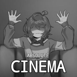 1other 2025 2d absolute_cinema_(meme) ambiguous_gender arms_up artist_request deltarune digital_media english_text grey_background greyscale hair_over_eyes highres human kris_(deltarune) meme monochrome outstretched_arms short_hair simple_background solo striped_clothes striped_sweater sweater text third-party_source upper_body utdr_(toby_fox)