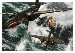  >_< a-20_havoc aircraft airplane blonde_hair blue_shirt border breast_pocket breasts collared_shirt commentary_request english_text fairy_(kancolle) gambier_bay_(kancolle) gloves hairband helmet highres kantai_collection kill_markings large_breasts long_hair military_vehicle mini_person minigirl multicolored_gloves multicolored_hairband multicolored_shorts nose_art ocean open_mouth outdoors pilot pilot_helmet pocket propeller shark_nose_art shirt short_sleeves shorts thigh-highs timmyyen twintails vehicle_focus white_border 