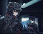 2girls absurdres ak-105 baseball_cap black_gloves black_hair black_headwear blurry blurry_background closed_mouth commentary_request depth_of_field ear_protection flat_cap gloves goggles goggles_on_headwear grey_eyes grey_hair grey_headwear gun hair_between_eyes hat headset highres holding holding_gun holding_weapon long_sleeves looking_at_viewer mosin-nagant multiple_girls original red_eyes tuzik10 v-shaped_eyebrows weapon