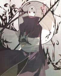  1boy black_flames chakra_rod gloves glowing glowing_eye gunbai highres looking_at_viewer masked naruto naruto_(series) naruto_shippuuden non-web_source reaching reaching_towards_viewer rinnegan sharingan strap uchiha_obito uchiha_robe war_fan 