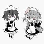  2girls :d ahoge alternate_costume apron blush brown_eyes character_request chibi closed_mouth collared_dress commentary_request dress enmaided grey_background hair_between_eyes hand_up highres honkai_(series) honkai_impact_3rd index_finger_raised juliet_sleeves long_sleeves maid maid_apron maid_headdress monochrome multiple_girls pantyhose puffy_sleeves shoes si_(si_sowofei) simple_background smile sweat v-shaped_eyebrows 