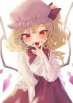  1girl :d adapted_costume backlighting blonde_hair bloom fangs flandre_scarlet half-closed_eyes hat looking_at_viewer mob_cap mokokiyo_(asaddr) nail_polish red_eyes red_nails see-through see-through_sleeves sharp_teeth simple_background skirt smile solo teeth touhou white_background wings 