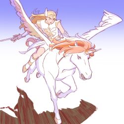  1girl 55bata6rou adora_(she-ra) animal blonde_hair blue_background boots full_body furrowed_brow gold_trim gradient_background highres holding holding_sword holding_weapon horns horseback_riding long_hair riding she-ra_and_the_princesses_of_power single_horn sitting solo sword unicorn weapon white_boots winged_unicorn 