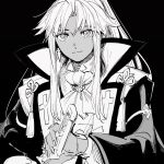  1boy amakusa_shirou_(third_ascension)_(fate) ascot bishounen cross_print dark-skinned_male dark_skin fate/apocrypha fate/grand_order fate_(series) greyscale highres japanese_clothes light_smile long_hair looking_at_viewer male_focus mizutaki_yakko monochrome ponytail sheath smile solo unfinished unsheathing upper_body very_long_hair weapon white_ascot 