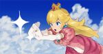  1girl blonde_hair blue_eyes blue_sky brooch clouds crown dress elbow_gloves gloves highres jewelry jors long_hair pink_dress princess_peach puffy_short_sleeves puffy_sleeves ring short_sleeves sky solo sphere_earrings super_mario_bros. super_smash_bros. white_gloves 