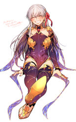  1girl armor ass bikini_armor breasts closed_eyes detached_sleeves dress fate/grand_order fate_(series) goshiko86g grey_hair grin hair_ribbon happy high_heels highres jewelry kama_(fate) kama_(second_ascension)_(fate) large_breasts long_hair lotus_print nail_polish pink_eyes purple_dress ribbon ring sitting smile solo thigh-highs thong very_long_hair white_background white_hair 