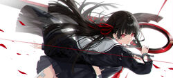  1girl arm_cutout black_choker black_hair black_shirt black_skirt breasts bright_pupils chisa_(wuthering_waves) choker from_side hair_ribbon highres holding holding_sword holding_weapon kuramoto_beta-carotene long_hair long_sleeves looking_at_viewer looking_to_the_side mole mole_under_eye neckerchief parted_lips red_eyes red_neckerchief red_ribbon ribbon shirt skirt solo sword tacet_mark_(wuthering_waves) weapon white_background white_pupils wuthering_waves 