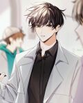  black_eyes black_hair black_shirt blurry blurry_background highres jacket kim_dokja kiyukyuu looking_at_viewer male_focus omniscient_reader&#039;s_viewpoint open_mouth shirt solo_focus wavy_hair white_jacket 