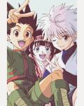 1other 2boys :d absurdres alluka_zoldyck enoki_(gongindon) gon_freecss highres hunter_x_hunter killua_zoldyck looking_at_viewer male_child male_focus multiple_boys one_eye_closed selfie shirt short_hair shorts siblings simple_background smile spiky_hair v 