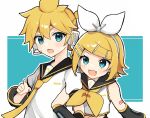  1boy 1girl :d akikan_sabago aqua_eyes bare_shoulders bass_clef blonde_hair bow brother_and_sister crop_top detached_sleeves fang hair_bow hair_ornament hairclip headphones headset highres kagamine_len kagamine_rin locked_arms midriff navel neckerchief necktie open_mouth page_number sailor_collar shirt short_hair short_ponytail shorts shoulder_tattoo siblings sleeveless sleeveless_shirt smile sweatdrop swept_bangs tattoo treble_clef twins vocaloid white_bow yellow_nails yellow_neckerchief yellow_necktie 