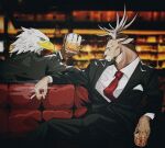  2boys alcohol animal_ears antlers bar_(place) beak bird_boy black_eyes black_jacket black_pants black_suit body_fur breast_pocket brown_fur brown_hair cigarette closed_mouth collared_shirt couch cup deer_boy deer_ears drink feet_out_of_frame fingernails formal furry furry_male hand_up highres holding holding_cigarette holding_cup holding_drink indoors jacket llishifu long_sleeves looking_at_another looking_at_viewer male_focus multiple_boys necktie on_couch open_clothes original pants pocket red_necktie sharp_fingernails shirt short_hair sitting smoking striped_suit suit suit_jacket toast_(gesture) very_short_hair white_shirt yellow_eyes 