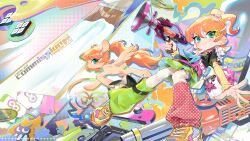  1girl aqua_eyes bag black_shirt blue_neckerchief commission earrings gauze gauze_on_leg green_leg_warmers green_skirt hair_ornament hair_scrunchie hairclip heavy_splatling_(splatoon) highres holding holding_weapon jewelry joy-con layered_sleeves leg_warmers long_sleeves looking_at_viewer medium_hair neckerchief nintendo_switch octobrush_(splatoon) octoling octoling_girl octoling_player_character orange_hair outstretched_arm pabuk5w pink_sailor_collar polka_dot polka_dot_legwear ponytail red_leg_warmers sailor_collar sailor_shirt scrunchie shirt shoes short_over_long_sleeves short_sleeves shoulder_bag skirt smile sneakers splatoon_(series) sploosh-o-matic_(splatoon) star_(symbol) star_earrings tentacle_hair thigh-highs weapon white_bag white_thighhighs yellow_shoes 