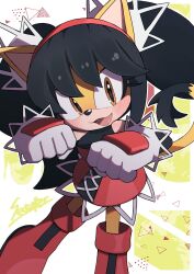  1girl animal_ears black_hair blush boots cat_ears cat_tail commission dress feet_out_of_frame furry furry_female gloves highres honey_the_cat open_mouth paw_pose red_boots red_dress secretter skeb_commission smile solo sonic_(series) sonic_the_fighters sonic_the_hedgehog_(classic) tail twintails yellow_eyes 