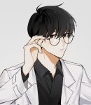  1boy black_eyes black_hair black_shirt closed_mouth glasses highres jacket kim_dokja kiyukyuu male_focus omniscient_reader&#039;s_viewpoint shirt short_hair simple_background white_background white_jacket 