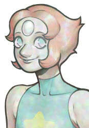  1girl aqua_eyes aqua_shirt armpit_crease colored_skin covered_collarbone dreamscreep forehead_jewel gem highres holographic_clothing holographic_hair holographic_skin iridescent lips orange_hair pale_skin pearl_(gemstone) pearl_(steven_universe) pointy_nose shirt short_hair sleeveless sleeveless_turtleneck smile solo steven_universe turtleneck white_background white_skin 