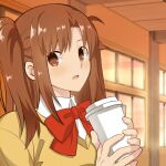  1girl blush bow bowtie brown_eyes brown_hair cardigan collared_shirt commentary cup disposable_cup hirakawa holding holding_cup indoors long_hair looking_at_viewer parted_bangs red_bow red_bowtie school_uniform shirt sidelocks solo tsukihime tsukihime_(remake) twintails uniform upper_body white_shirt yellow_cardigan yumizuka_satsuki 