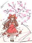  1girl bow brown_hair cherry_blossoms dress flower hair_bow hakurei_reimu highres one-hour_drawing_challenge pink_flower primsla red_dress red_eyes red_footwear solo solo_focus touhou white_background 
