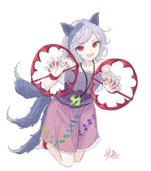  1girl absurdres animal_ears bare_shoulders bear_trap blue_hair claw_pose fang fingernails frills full_body highres kashiwada_kiiho long_fingernails looking_at_viewer medium_hair mitsugashira_enoko multiple_tails open_mouth pink_skirt purple_shirt red_eyes red_nails sharp_fingernails shirt skirt smile solo tail touhou white_background wolf_ears wolf_tail 