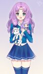  1girl :d alternate_costume blue_shirt blue_skirt blue_thighhighs character_doll circlet commission cowboy_shot doll fire_emblem fire_emblem:_the_blazing_blade florina_(fire_emblem) green_eyes highres holding holding_doll holding_stuffed_toy long_hair long_sleeves looking_at_viewer open_mouth parted_bangs pegasus purple_hair shirt skirt smile solo stuffed_animal stuffed_toy thigh-highs watashishi zettai_ryouiki 