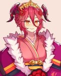  1girl absurdres blush dragalia_lost fang flower fur_trim hair_between_eyes hair_flower hair_ornament highres japanese_clothes kimono long_bangs looking_at_viewer mym_(dragalia_lost) nurufufufu official_alternate_costume red_flower redhead skin_fang smile solo upper_body yellow_eyes 