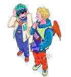  2boys alternate_costume animal_hat blonde_hair blue_bag blue_headwear blue_hoodie blue_overalls blush boku_no_hero_academia closed_eyes commentary_request facial_hair feathered_wings freckles full_body green_hair hat hat_removed hawks_(boku_no_hero_academia) headwear_removed highres holding holding_clothes holding_hat hood hood_down hoodie horned_hat ichikanoko jacket male_focus midoriya_izuku monsters_inc. multiple_boys open_clothes open_jacket open_mouth overalls pants red_footwear red_pants red_wings scar scar_on_neck shoes short_hair simple_background smile sneakers standing striped stubble vertical_stripes white_background wings yellow_jacket 