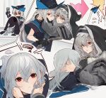  2girls arknights blood blue_eyes closed_mouth grey_hair h_cho3 hair_between_eyes hands_on_another&#039;s_face hat hood hug long_hair long_sleeves looking_at_viewer multiple_girls one_eye_closed open_mouth skadi_(arknights) smile specter_(arknights) sweat yuri 