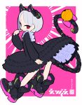  1girl animal_ear_headphones animal_ears bell black_dress bloomers bob_cut boots border bow cat_ear_headphones cat_tail collared_dress dress fake_animal_ears frilled_dress frills from_side full_body hand_up headphones highres iwako_(eiken3kyuboy) leaning_forward long_sleeves mechanical_tail original parted_bangs pink_background red_eyes short_dress signature solo standing tail tail_bell tail_bow tail_ornament underwear white_border white_hair 