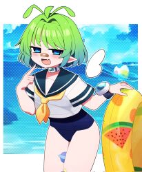  alien antenna_hair ball bandaid bandaid_on_face bandaid_on_nose beachball blue_eyes blush bug collar fang ferumi_kaipa flat_chest gradient_hair green_hair hair_intakes highres indie_virtual_youtuber inflatable_toy insect_wings multicolored_hair ocean one-piece_swimsuit petite planet_tattoo pointing pointing_at_self pointy_ears sailor_senshi_uniform school_swimsuit skin_fang swimsuit virtual_youtuber watch watch water wings you_(noanoamoemoe) 