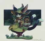  1girl artist_name backpack bag bell blue_eyes cat coat green_coat green_headwear hat highres long_sleeves looking_to_the_side mouth_hold multiple_tails murayama_ryouta neck_bell nekomata on_grass original outdoors slit_pupils stalk_in_mouth tail two_tails whiskers wide_sleeves witch_hat 
