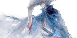 1boy ajirogasa alternate_costume blue_cape cape commentary commentary_request gintama hand_on_headwear hat highres japanese_clothes kimono lushu_kuye male_focus profile sakata_gintoki solo sword weapon white_background white_hair white_kimono wide_sleeves wooden_sword 