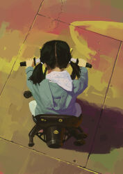  1girl black_hair child from_above highres original painting_(medium) riding_tricycle short_twintails slow_d solo traditional_media tricycle twintails 