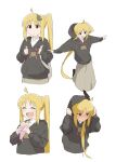  1girl :d ^_^ ahoge black_hoodie blonde_hair blush bocchi_the_rock! closed_eyes commentary crepe eating embarrassed food food_on_face full-face_blush furrowed_brow hands_up happy highres hood hood_down hood_up hoodie ijichi_nijika leaf leaf_on_head long_hair long_skirt looking_at_viewer looking_to_the_side ookiiayu open_mouth outstretched_arms parted_bangs parted_lips red_eyes side_ponytail sidelocks simple_background skirt sleeves_past_wrists smile solo upper_body very_long_hair white_background 