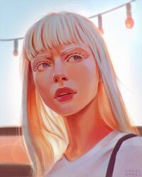  1girl aegyo_sal angel_ganev artist_name blue_sky blunt_bangs blunt_ends chromatic_aberration colored_eyelashes commentary day english_commentary facing_viewer film_grain from_below highres lens_flare looking_to_the_side medium_hair parted_lips pink_lips portrait real_life real_life_insert shirt sideways_glance sky solo teeth upper_teeth_only white_eyelashes white_hair white_shirt 