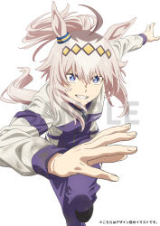  1girl absurdres ahoge animal_ears blue_eyes diamond_hairband ear_ornament grey_hair grin hair_between_eyes highres horse_ears horse_girl horse_tail jacket kasamatsu_tracen_training_uniform long_hair long_sleeves looking_at_viewer multicolored_hair multicolored_jacket official_art oguri_cap_(umamusume) pants ponytail purple_pants sample_watermark smile solo tail track_jacket track_pants track_suit umamusume umamusume:_cinderella_gray watermark white_background 