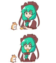  1girl :3 bright_pupils food front_ponytail green_eyes green_hair hair_ribbon hamster holding holding_food kagiyama_hina mizusoba red_ribbon ribbon short_sleeves simple_background touhou upper_body v-shaped_eyebrows white_background white_pupils 