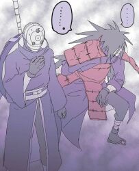  1boy gloves gunbai hand_on_own_chest long_hair looking_ahead masked naruto naruto_(series) naruto_shippuuden nervous_sweating non-web_source relieved rinnegan sharingan speech_bubble spiky_hair strap sweat uchiha_madara uchiha_obito uchiha_robe very_long_hair war_fan 