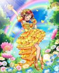  1girl :d alternate_hairstyle artist_request bare_shoulders clouds commentary dress english_commentary eyelashes field flower flower_field frilled_dress frills hair_flower hair_ornament hairband happy highres hino_akane_(smile_precure!) looking_at_viewer official_art one_eye_closed open_mouth orange_dress orange_footwear precure precure_connection_puzzlun rainbow red_eyes redhead shoes short_hair sky smile smile_precure! solo third-party_source wrist_cuffs 
