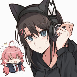  2girls animal_ear_headphones animal_ears bang_dream! black_hoodie black_jacket blue_eyes blush brown_hair cat_ear_headphones closed_mouth commentary_request fake_animal_ears hair_ornament hairclip headphones highres hood hoodie jacket long_hair medium_hair multiple_girls necktie okusawa_misaki opi pink_hair red_necktie shirt simple_background smile sweatdrop tamade_chiyu white_background white_shirt 