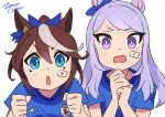  2022_fifa_world_cup 2girls absurdres artist_name blue_shirt blush bright_pupils brown_hair clenched_hands ear_bow hair_between_eyes highres long_hair looking_at_viewer mejiro_mcqueen_(umamusume) multicolored_hair multiple_girls open_mouth own_hands_together ponytail purple_hair shirt short_sleeves simple_background sticker_on_face streaked_hair tokai_teio_(umamusume) umamusume upper_body v-shaped_eyebrows violet_eyes white_background white_pupils world_cup zetsuyo_chimayo 