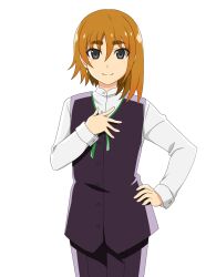  1girl akitake_akari asymmetrical_hair black_pants black_vest brown_hair closed_mouth cowboy_shot earrings grey_eyes hand_on_own_chest hand_on_own_hip higurashi_no_naku_koro_ni higurashi_no_naku_koro_ni_mei jewelry long_sleeves official_art pants shirt short_hair simple_background smile solo standing straight-on tachi-e transparent_background vest white_shirt 