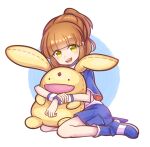  1girl arle_nadja blue_cape blue_footwear blue_skirt blunt_bangs blush boots brown_hair cape carbuncle_(puyopuyo) holding holding_stuffed_toy kneeling open_mouth pimyuhuwa ponytail puyopuyo shirt skirt solo stuffed_animal stuffed_toy teeth upper_teeth_only white_shirt yellow_eyes 