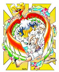  1boy absurdres arm_up claws commentary dwalkn full_body gear_fifth highres ho-oh monkey_d._luffy one_eye_closed one_piece pokemon pokemon_(creature) purple_sash sandals sash scar scar_on_chest shirt short_hair shorts sugimori_ken_(style) white_hair white_shirt white_shorts 