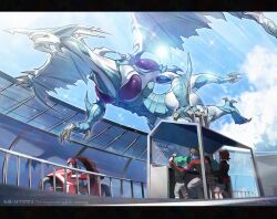  2girls 3boys bruno_(yu-gi-oh!) d-wheel dragon duel_monster fudo_yusei green_hair helmet izayoi_aki jacket lua_(yu-gi-oh!) luca_(yu-gi-oh!) lunapont multiple_boys multiple_girls pants red_helmet red_jacket red_shorts shorts solo_focus stardust_dragon white_pants white_shorts yu-gi-oh! yu-gi-oh!_5d's 